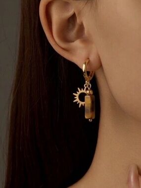 Natural TIGER’S EYE stone crystal drop earrings NEW goldtone sun